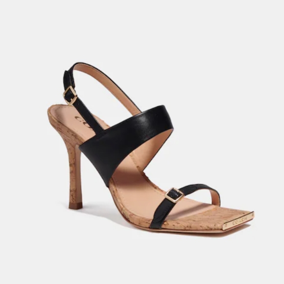 COACH KIT LEATHER SQUARE TOE STILETTO |SIZE 9.5 | BLACK / WOOD COLOR - Picture 2 of 12